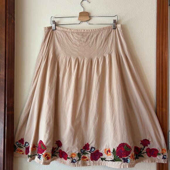 100% Cotton A-Line Pleated Midi Skirt Floral Embroidery Fall Cottagecore Size 14 - Picture 5 of 12